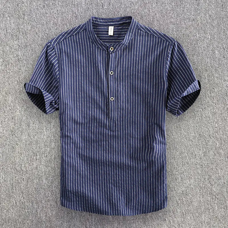 Threebooy  Men's Casual Cotton Shirt Short Sleeve Blouse Tops Summer Botton Pinstripe Holiday Shirt Comfortable Handsome Men Henley Shirt