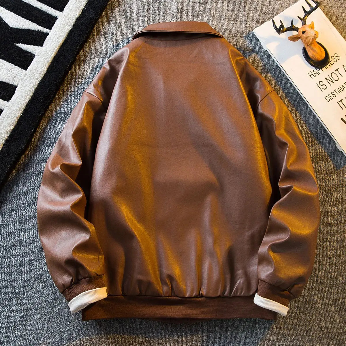 Threebooy Men's American Retro Cleanfit Brown Leather Jacket Men's Korean Style High-end Men's Trendy Pu Leather Jacket Aesthetic Chic