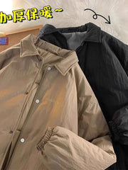 Threebooy Thickened Winter Parkas Japanese Large Size Retro Workwear English Letters Padded Coat Loose Lapel Warm Button Up Coat