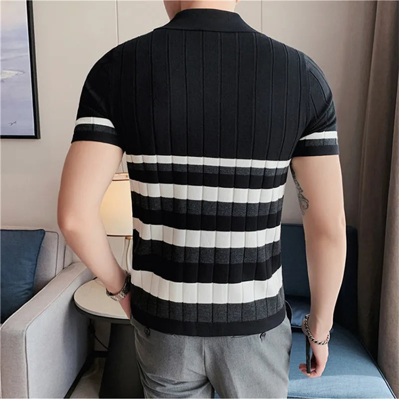 Threebooy  British Style Men's Fashion Lce Silk Stripe Knitting POLO Shirts/Male Slim Fit Short Sleeve Leisure POLO Shirts S-3XL