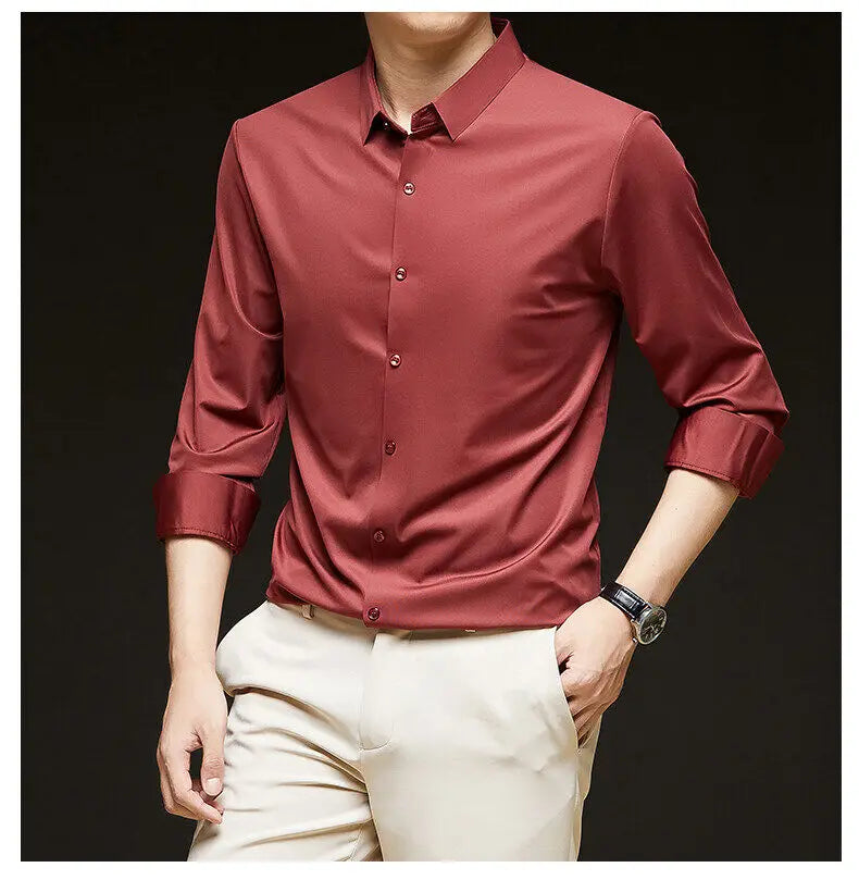Threebooy  Men's Social Shirt, Solid Color Business Slim Fit Formal Long Sleeved Shirt, High-quality Stretch Seamless Dress, Workwear Top