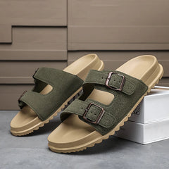 Mens Soft Slippers Slides with Adjustable Double Buckle Slide Sandals Lightweight Summer Comfortable Casual