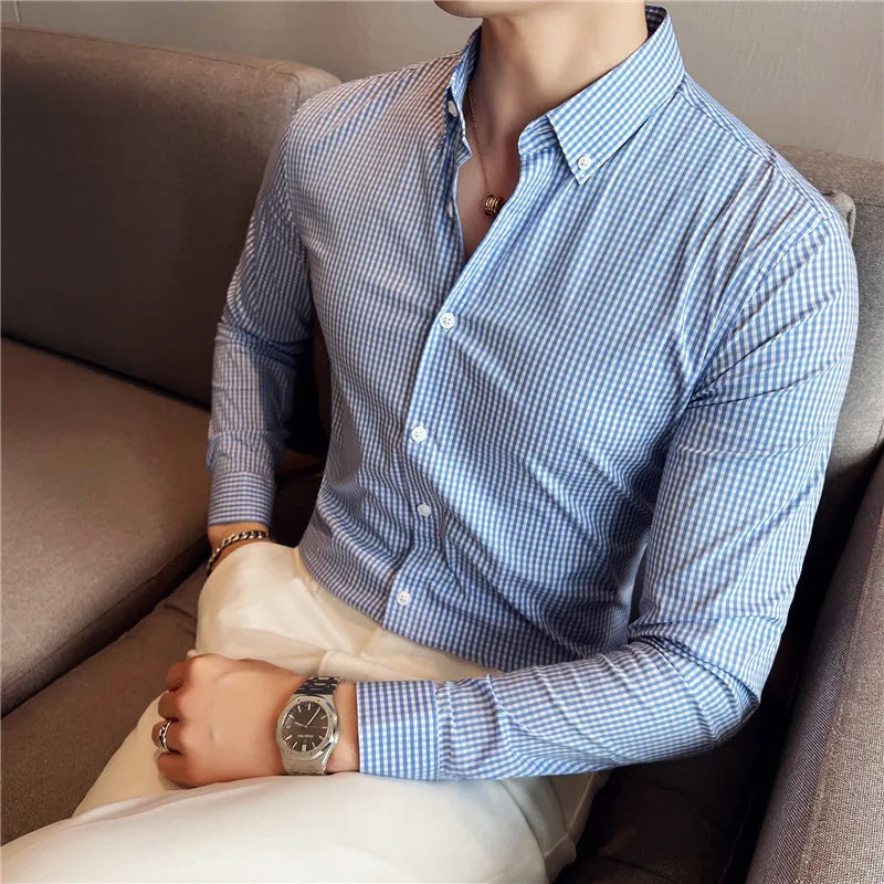 Threebooy  Men Spring High Quality Business Long Sleeve Shirts/Male Slim Fit Fashion Plaid Office Dress Shirts Plus Size S-4XL