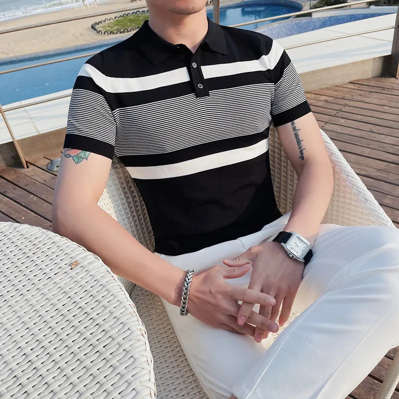 Threebooy Top Grade New Brand Designer Stripe Polo Shirt Men Summer Knitted Ice Silk Regular Short Sleeve Casual Tops Fashions Clothes Men