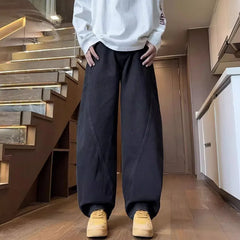 Threebooy Japanese Korean Casual Retro Curved Knife Jeans Men'S Loose Straight Leg Pants Large Pockets Wide Leg Pants High Street Jeans