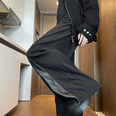 Threebooy PU Leather Patchwork Wide Leg Pants Men Zipper Hip Hop Fashion Harajuku High Street Loose Casual Pants Ropa Hombre