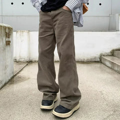 Threebooy Pure Cotton Men's Cargo Pants Y2K Man Spring Solid Color Zipper Straight Multiple Pockets Work Baggy Pants Streetwear Trousers