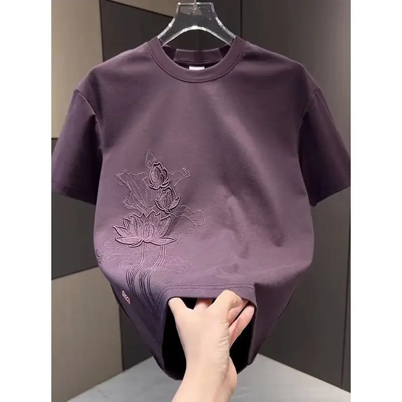 Threebooy  Summer New Embroidery Chinese Style Short Sleeve Men's Loose Slim Fit Casual Short Sleeve T-shirt Round Neck Top