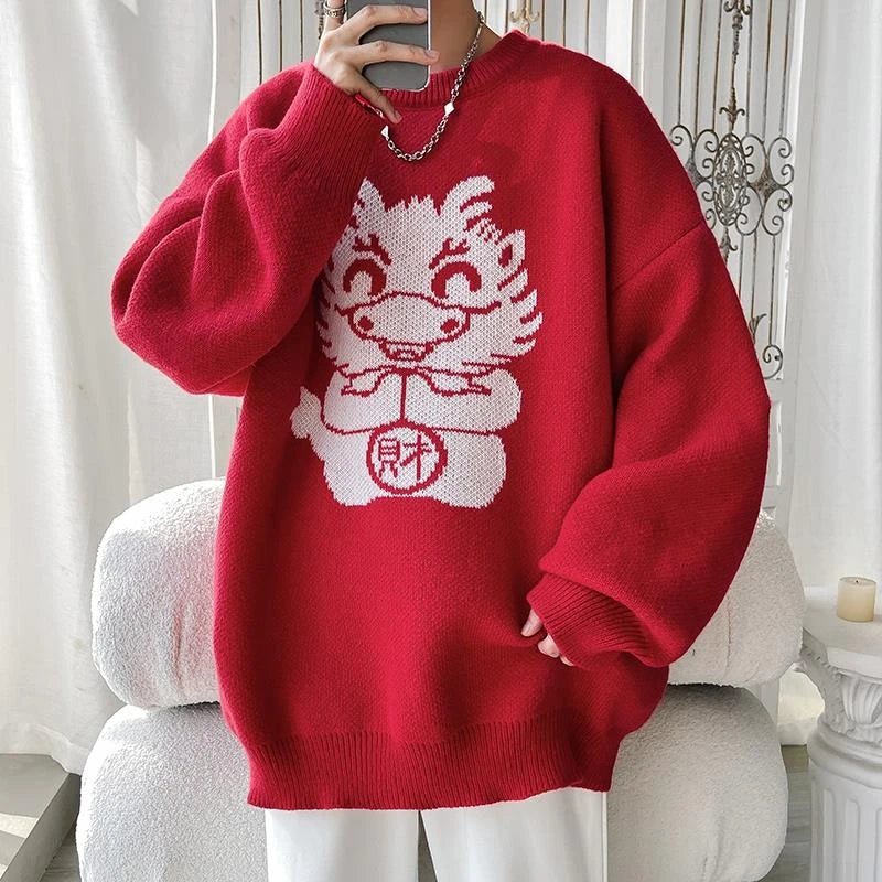 Threebooy Winter New Cartoon Dragon Graphic Lucky Red Sweater For Men Vintage Pullover Crew Neck Knitwear Christmas Sweater