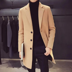 Threebooy Men Trench Coat Autumn Winter New Wool Blend Pure Color Casual Business Fashion Slim Windbreaker Jacket Men Clothing