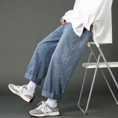 Threebooy New Street Casual Baggy Jeans Men's Korean Fashion Hip Hop Straight Wide Leg  Trousers Couple Denim Pants Black Light Blue