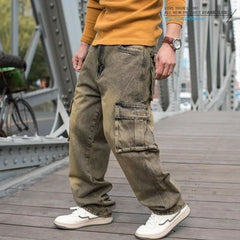 Threebooy Fashion Cargo Pants Men Casual Jeans Hiphop Trousers Straight Loose Baggy Streetwear Denm Large Size Retro Distressed Pocket