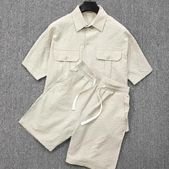 Threebooy Bubble Yarn Lightweight Sweat-absorbing Breathable Cool Summer Men's Casual Sports Suit Work Clothes Short-sleeved Shirt Shorts