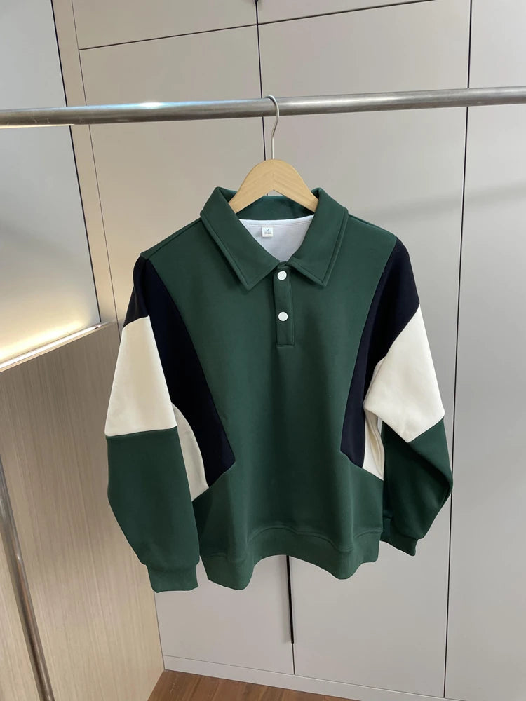 Threebooy Retro College Style Design Autumn Men Women Trendy Contrasting Color Splicing Lapel Long-sleeved Versatile POLO Shirt Sweatshirt