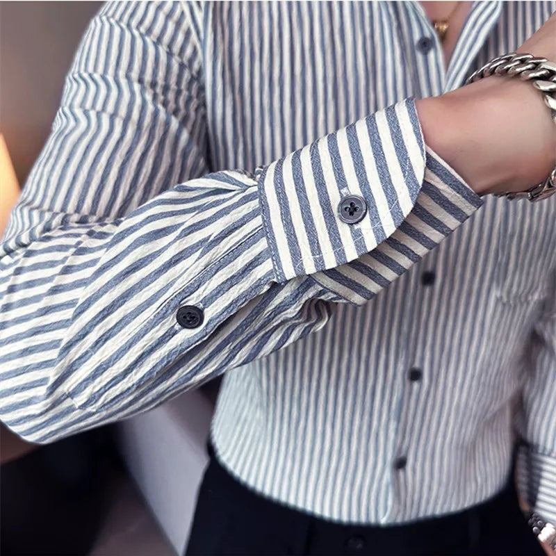 Threebooy Fashion Stripe Casual Men Long Sleeve Button Shirt Stitching Pocket Design Fabric Soft Comfortable for Men  Slim Fit Dress Shirt