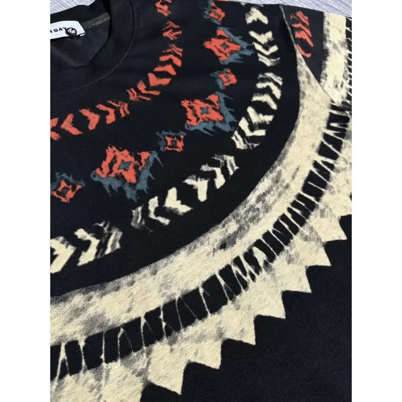 Threebooy  Korean Style Fashion Printed Spring Summer Niche Short-sleeved T-shirt Black Loose Men Round Neck Light Luxury Short-sleeved
