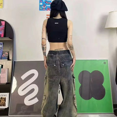 Threebooy Street men and women trendy and personalized hip-hop straight leg washed gradient jeans for couples loose casual Harajuku pants