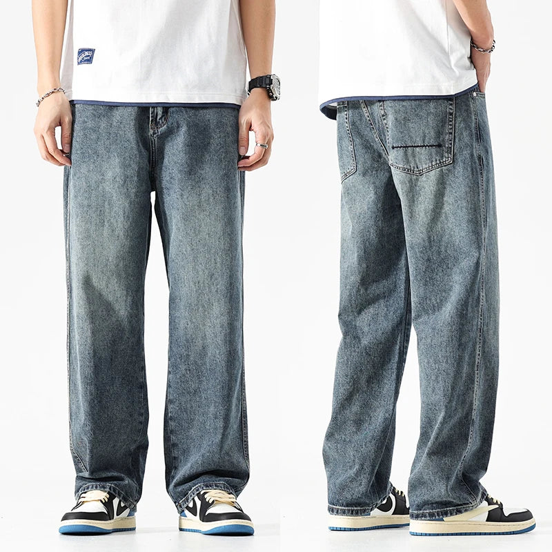 Threebooy  Wide Leg Jeans Men Baggy Pants Summer Straight Cut Loose Retro Blue Denim Pants Streetwear Fashion Pockets Vintage Man Clothes