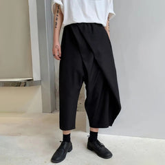 Threebooy Men Double-Layer Irregular Pleated Wide-Leg Pants 2024 New Genderless Dark Style Retro Loose Solid Color Nine-Point Pants Unisex