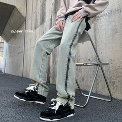 Threebooy Open Side Zippers High Street Jeans Men Street Straight Slim Denim Pants Vintage Trend Trousers Foot Opening Male Bottoms