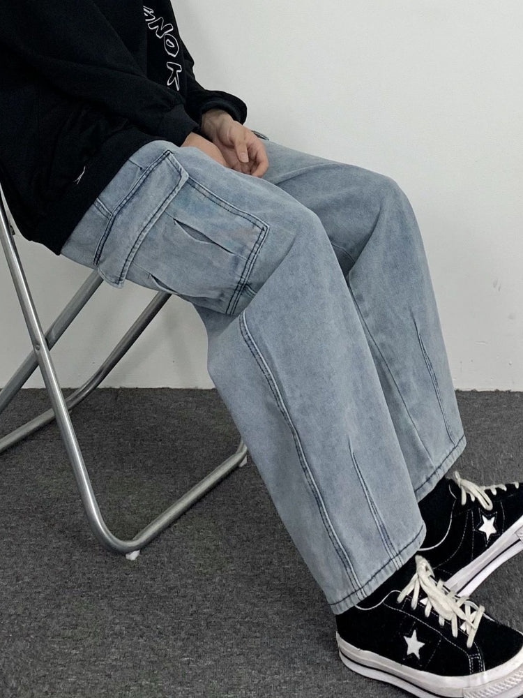 Threebooy Dark Straight Jeans Men's Korean Autumn Winter Kpop Vintage Black Denim Pants Women Popular Washed Loose Cargo Trousers