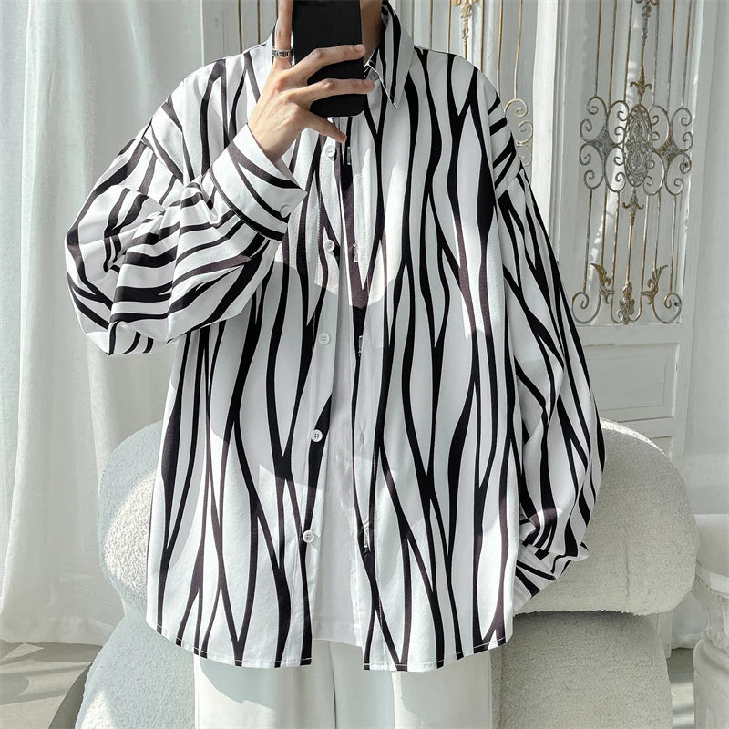 Threebooy Men's Long Sleeve Striped Shirts Spring New Korean Button Up Shirt Unisex Fashion Casual Oversize Blouse Printed Clothing