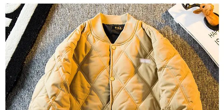 Threebooy Men's Parkas Rhombus Padded Cotton Winter Thickened Retro Casual Baseball Uniforms Warm Coat Stand Collar Single-breasted Coats