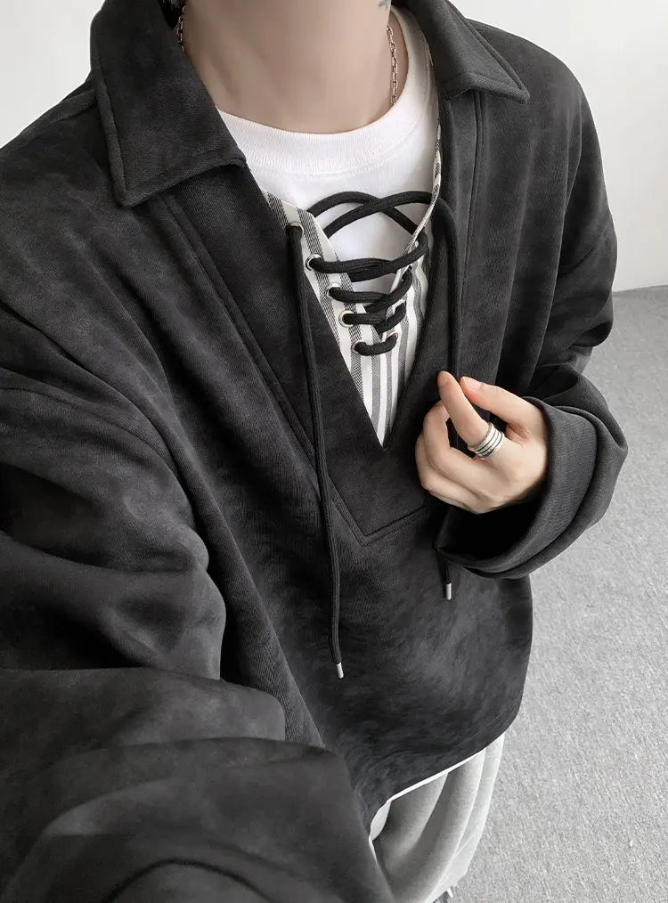 Threebooy Collar Sweatshirt Mens Layered V Neck Pullover Fake Two Piece Streetwear Casual Hoodie Jacket Fall 2025 New Tie Dye Design