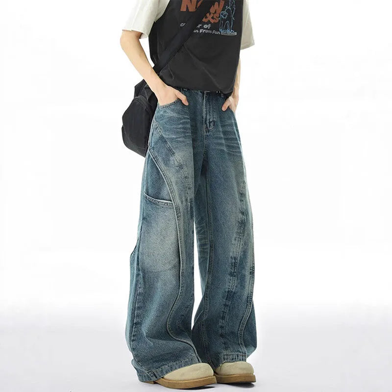 Threebooy Korean Version Men'S Curved Knife Jeans With Loose Retro Design Straight Leg Pants Casual Large Pocket Wide Leg Pants