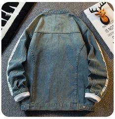 Threebooy American Striped Splicing Washed Denim Jacket Men's Korean Style Fashion Spring Autumn New Trend Stand Collar Casual Work Jacket