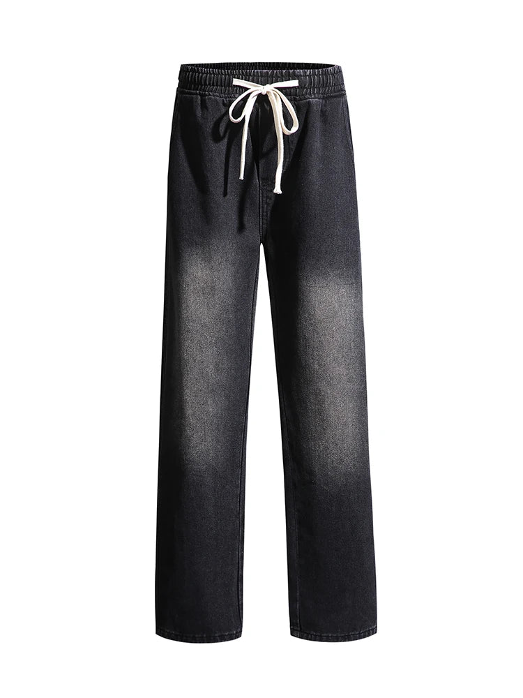 Threebooy  Men's Spring Summer Semi-Wide Leg Jeans Korean Fashion Washed Cotton Casual Denim Pants Black Blue Straight Trousers
