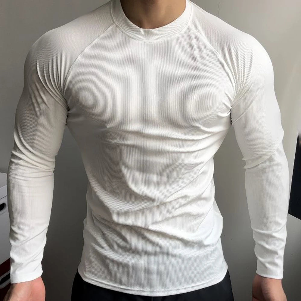Threebooy Mens T-Shirt Stretch Gym Sports T-Shirt Fashion All-Match Solid Color Tight Fitness Comfort Long-Sleeved Top Men'S Clothing