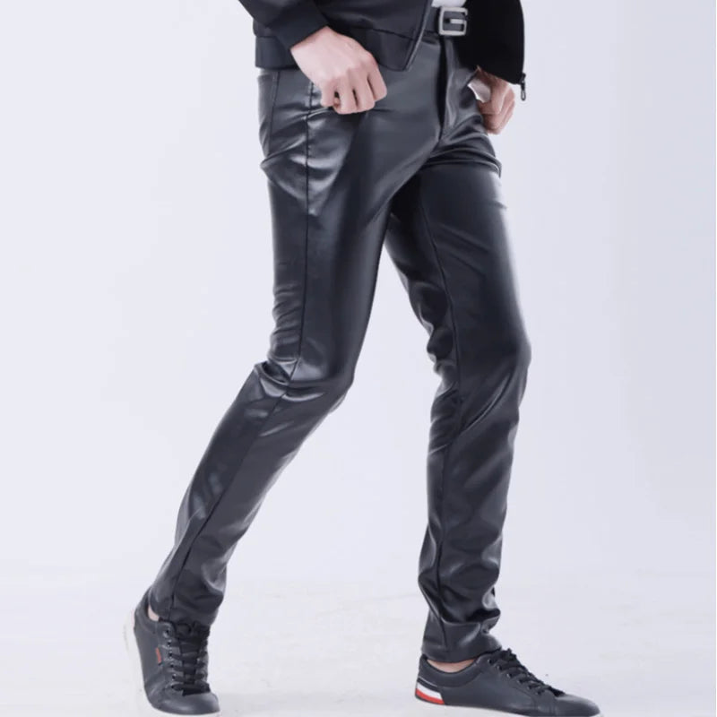 Threebooy Thin Leather Pants Men's Moto Pants Spring Summer Fashion Color Elastic Slim Fit PU Trousers Windproof Waterproof Man Bottoms