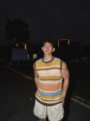 Threebooy  Stripe Contrasting Colors Hollowing Out Knitting Vest Men Casual Tops Loose Summer Niche Handsome Sleeveless All-match Vest