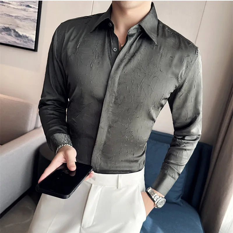 Threebooy Men's Summer Casual Long-sleeved Ice Silk Shirts/Male Slim Fit High Quality Lapel Business Dress Shirt  Homme Tosp S-3XL