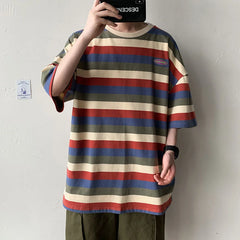 Threebooy Casual T-shirts All-match Fashion Rainbow-colored Contrasting Loose Tops Classic Five-point Sleeves O-neck Men Clothes Oversize