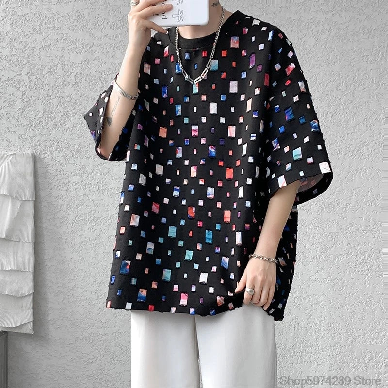 Threebooy Summer Short Sleeved T-shirt Men Fashion Hollow Out Oversized Plaid T Shirt Men Streetwear Hip Hop Loose Casual Tshirt Male 5XL