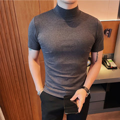 Threebooy  Summer T Shirt Men Short Sleeve Half High Neck Tight Fit T-shirt Fashion Casual Social Base Shirt Streetwear Tee Tops M-5XL