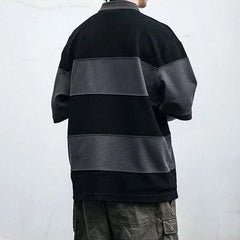 Threebooy  Japanese Retro Striped Polo Shirt For Men Summer Casual Short Sleeve Colorblock Polo T-shirt Golf Wear Lapel Shirts Clothes