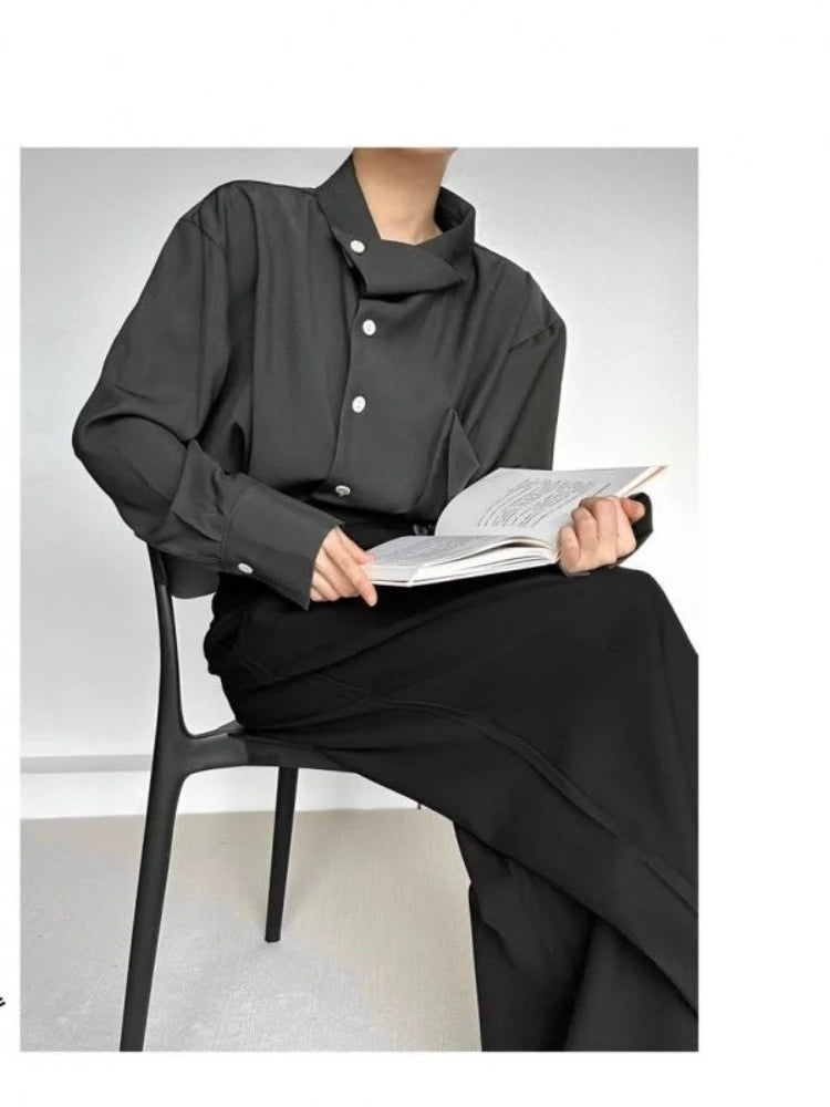 Threebooy New Chinese Retro Design Niche Shirt Korean Style Fashion Trend Irregular High-end Shirt Neckline Chic Jacket Men Aesthetic