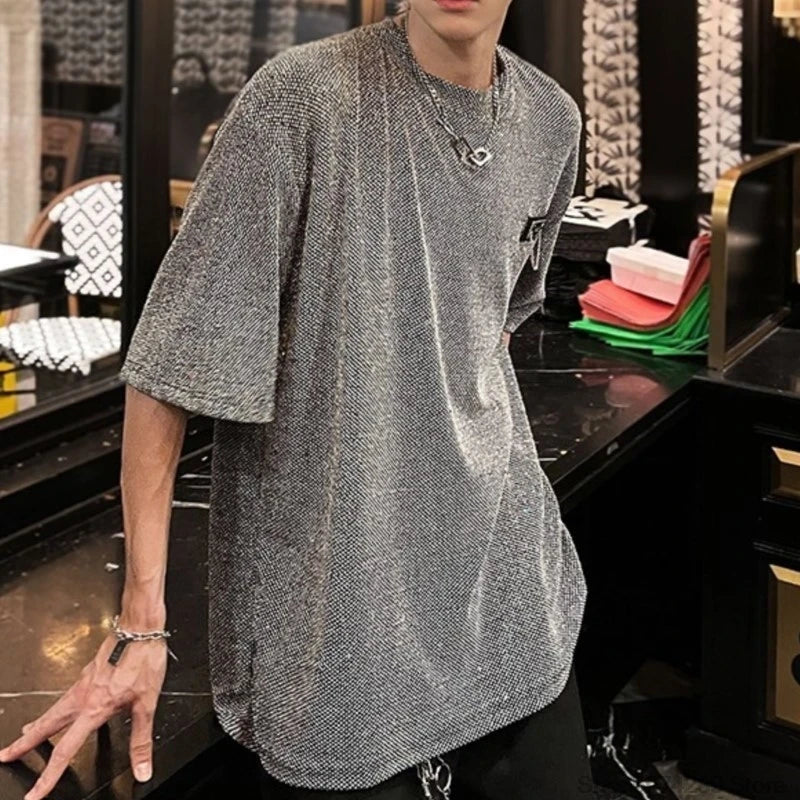 Threebooy New Summer Stylish Bright TShirt Men Tops Shiny Loose Short Sleeve T-shirt High Street Aesthetic Harajuku Women Tshirt