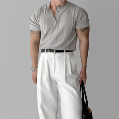 Threebooy New Fashion Men Henry Collar T-Shirt Leisure Luxury Knit Short Sleeve Tops Korean Style Summer Stretchy Breathable Fitness Tees
