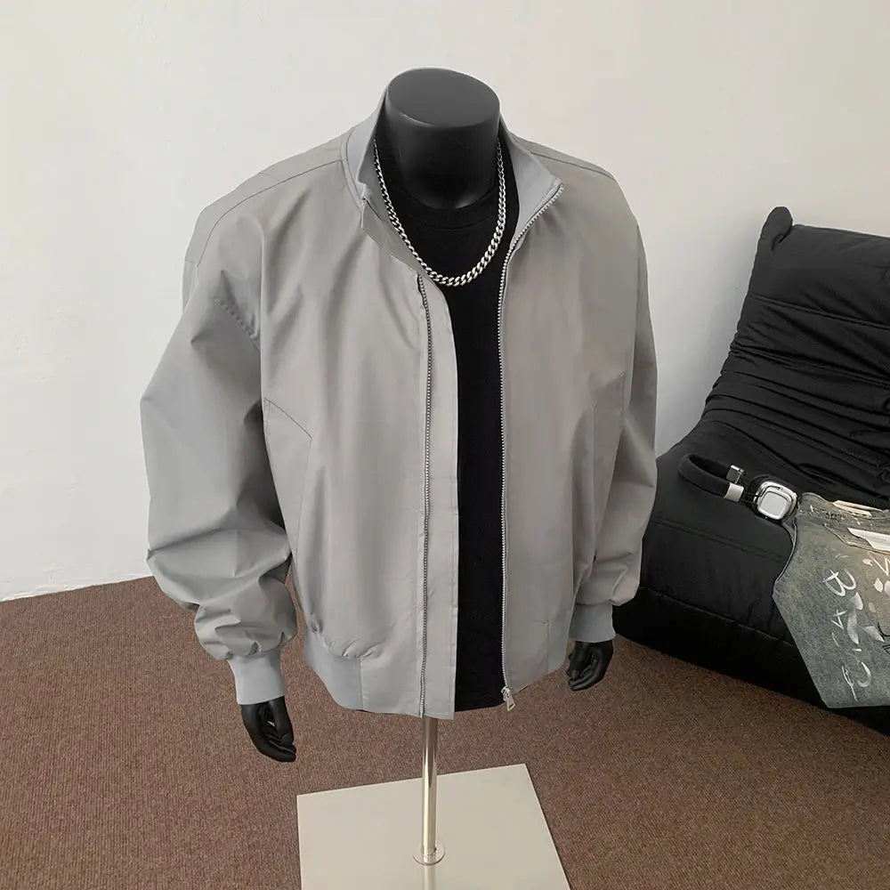 Threebooy American Simple Lapel Jacket Men's Spring Autumn Handsome Cleanfit Stand Collar Short Jacket Men's Cityboy Preppy Zipper Coat