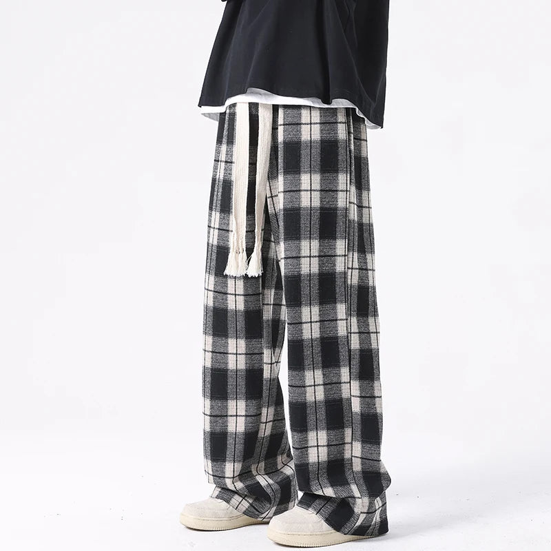 Threebooy Told Tale Plus Size Spring Casual Plaid Pants Men Wide Leg Couple Straight Pantalones Harajuku Mopping Oversize 8XL 7XL