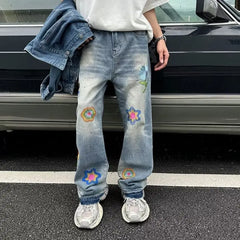 Threebooy Embroidery Jeans Men High Street Hip Hop Streetwear Couples Loose Mopping Wide Leg Trousers Teens Japanese Harajuku Fashion Chic