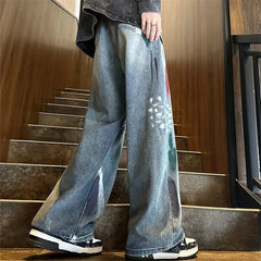 Threebooy Jeans for Men High Street Wear Graffiti Straight Pants Button-pocket Trousers Loose Personality