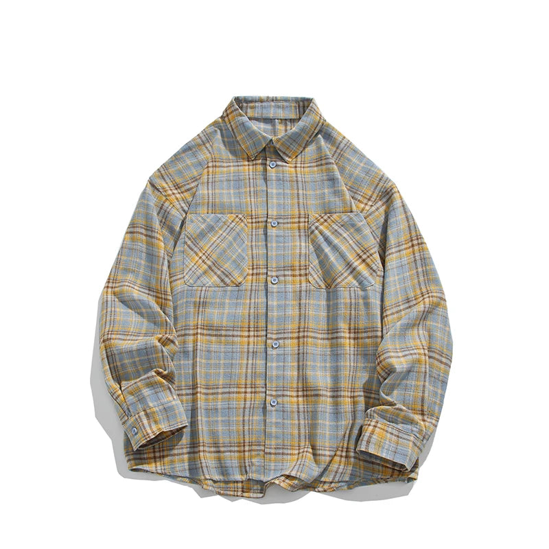 Threebooy  Autumn Casual Men's Double Pockets Plaid Long Sleeve Shirt Vintage Loose Shirts Handsome Harajuku Couples Cozy All-match Shirt