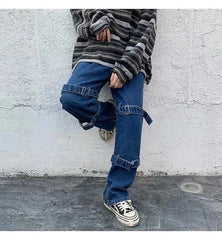 Threebooy Hip Hop Jeans Men Fashion Pocket Blue/Black Baggy Jeans Mens Streetwear Loose Hip Hop Straight Cargo Denim Pants Mens Trousers