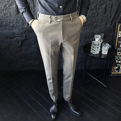 Threebooy  Autumn Winter Suit Pants Men Thick Business Classic Grey Brown Woolen Straight Korean Formal Trousers Male 28-38