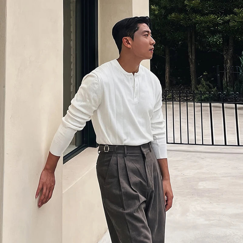 Threebooy  New Korean Trendy Men Henry Sweater Light Luxury Knitted Solid Color Long Sleeve Pullover Premium Quality Skin-friendly Knitwear